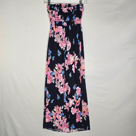 Old Navy Bandeau Dress Sz S/P Navy Blue Floral Maxi Flowy Boho Summer Maternity - Picture 2 of 9